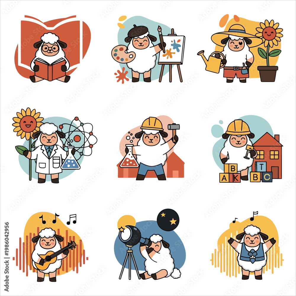 Fototapeta premium Set of nine adorable sheep characters engaged in various hobbies and professions including reading art gardening and science in a vector style