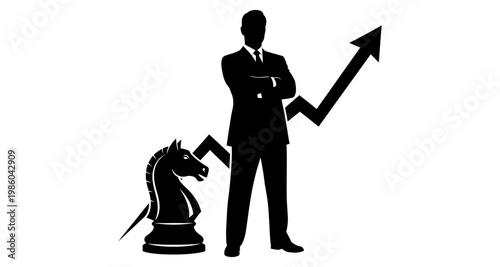 Businessman silhouette with chess piece and upward graph against white background