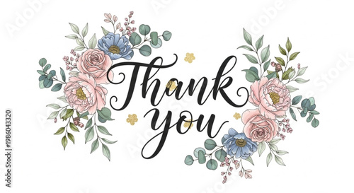 Thank you card illustration, elegant typography with floral decoration, clean white background