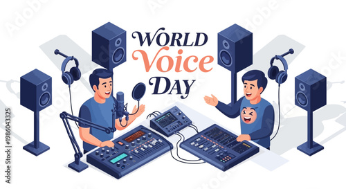 Celebrating World Voice Day, this bright vector illustration features two people creating vocal performances with microphones and soundboards in a recording studio setting, emphasizing