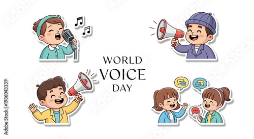 Cartoon vector illustrations commemorating World Voice Day feature joyful children actively speaking or singing, depicted with speech bubbles and musical notes against a clean white