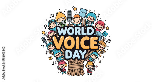 A whimsical illustration celebrating World Voice Day features cartoon characters around a stylized tree trunk supporting the text, with musical notes and a microphone, all against a clean