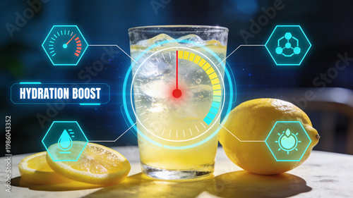 A Glass Of Sparkling Lemon Water With Ice And Lemon Slices Overlaid With Futuristic Hydration Boost Digital Graphics And Ui Gauges