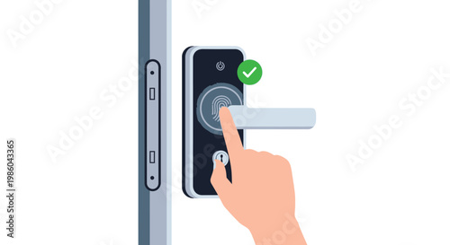 A hand using a smartphone to unlock a modern smart door lock with biometric authentication.