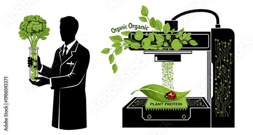 Scientist holding plant in test tube with 3D printer producing organic protein against white background silhouette
