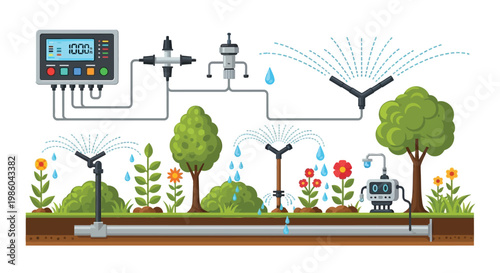 An automated irrigation system efficiently waters a vibrant garden with various plants and flowers
