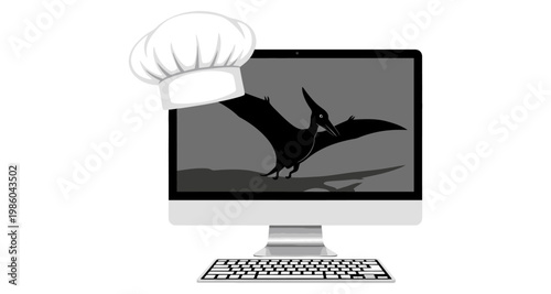 Chef hat on computer screen displaying pterodactyl silhouette during digital learning
