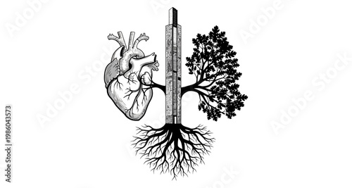 Human heart and lungs silhouette with tree roots and a stylus against a white background