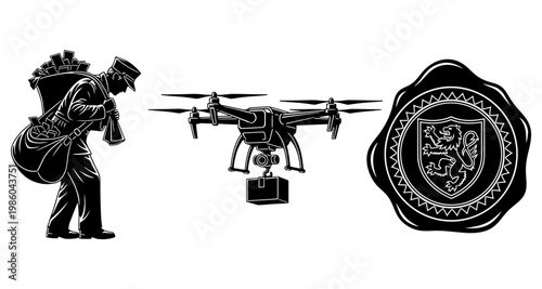 Modern mail delivery evolution from postal worker with bag to drone with package against wax seal