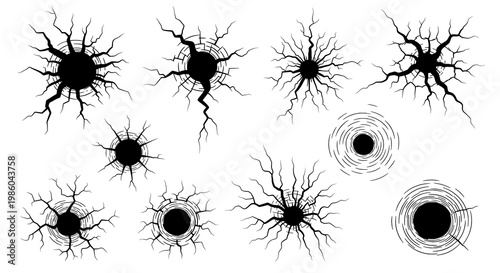 A Collection of Black Cracks, Bullet Holes, and Damage Effects Vector Illustrations
