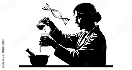 Scientist pouring liquid into beaker with DNA strand during laboratory research silhouette