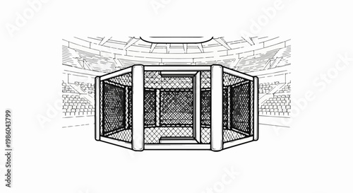 Black and white sketch of an octagon fighting cage with stadium seating