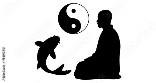 Monk meditating with koi fish and yin yang symbol against white background silhouette