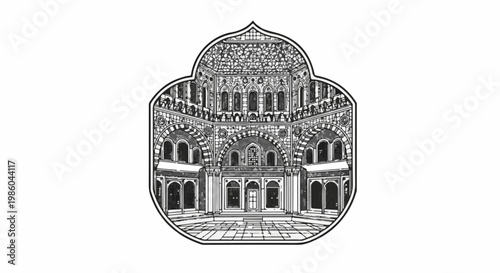 Ornate architectural facade with arched windows and patterned stonework