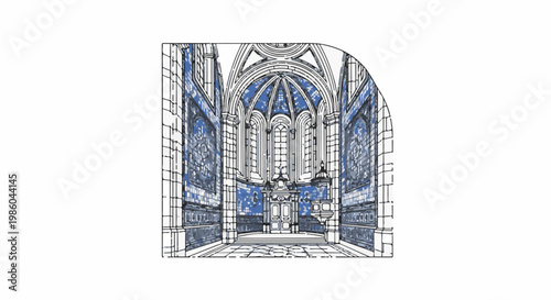 Ornate church interior with gothic arches and tiled walls