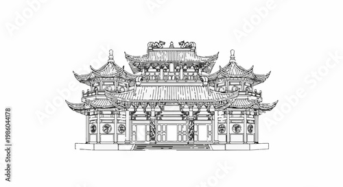 Ornate, multi-tiered traditional East Asian pagoda structure with intricate rooflines and decorative elements