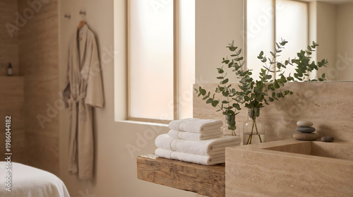 Serene Spa Interior with Natural Elements and Soft Lighting