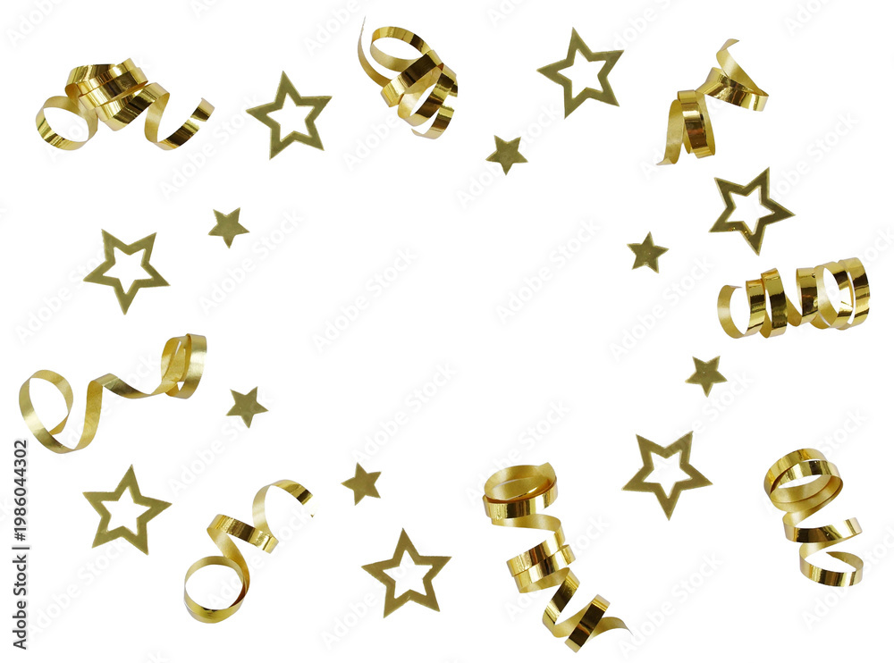 Obraz premium Gold confetti streamers and stars frame isolated png cutout object on transparent background. Holiday, New Year, Christmas , birthday, day design elements