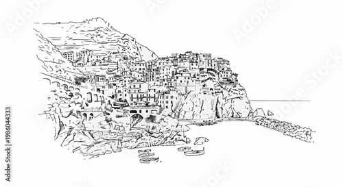 Sketch of colorful buildings on a rocky cliff overlooking a calm sea