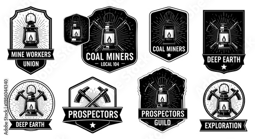 Vintage Monochrome Mining and Exploration Badges Featuring Lamps and Pickaxes