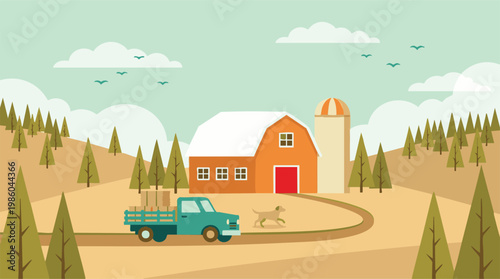 Flat design farm landscape with barn, silo, truck, dog, and hay bales