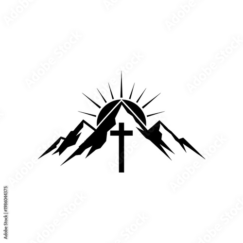 A Symbolic Christian Cross, Mountain, and Sunrise Silhouette Graphic