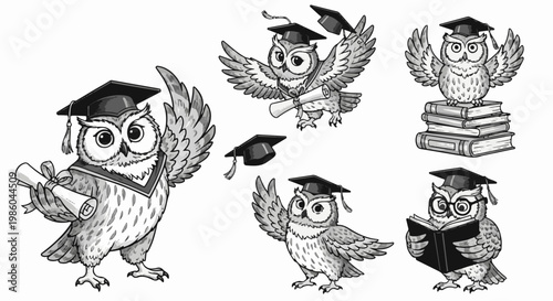 Whimsical owls dressed in graduation caps and academic regalia holding diplomas