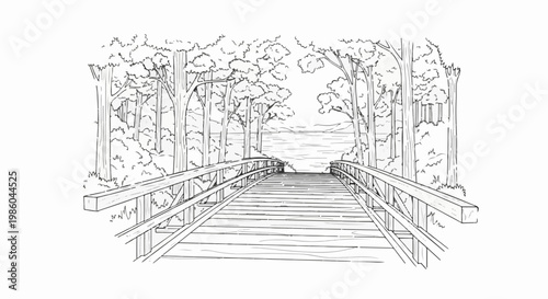 Wooden bridge arches over calm water through forest trees