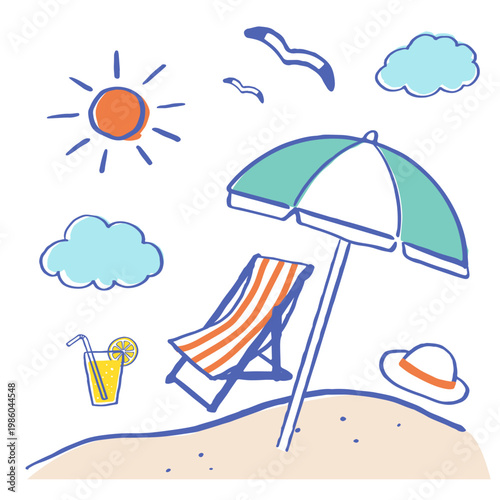 夏のリゾートとバカンス表現したイメージ素材。ビーチパラソル、ビーチチェア、雲、太陽。