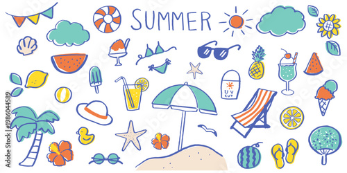 夏をテーマにしたイラストセット。ヤシの木や飲み物、ビーチアイテムを収録。夏のキャンペーンデザインに使えるベクター素材。白背景。