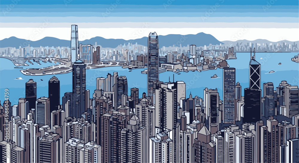 Obraz premium Pixelated cityscape with skyscrapers, bay, and distant mountains under a blue sky