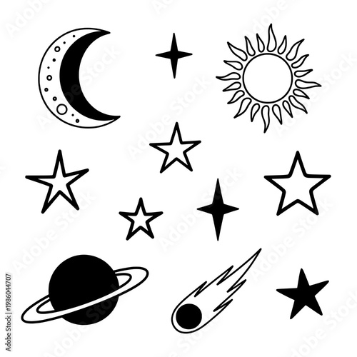 A Black and White Doodle Collection of Celestial and Cosmic Elements