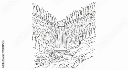 A dramatic waterfall cascades into a winding river amidst steep, rocky cliffs