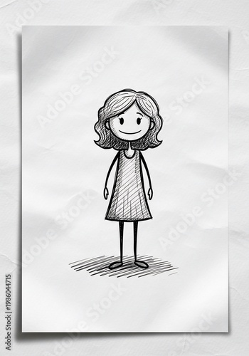 Whimsical Hand-Drawn Portrait: A Cheerful Character Sketch on Textured Paper, Simple Ink Art, Evokes Childhood Joy