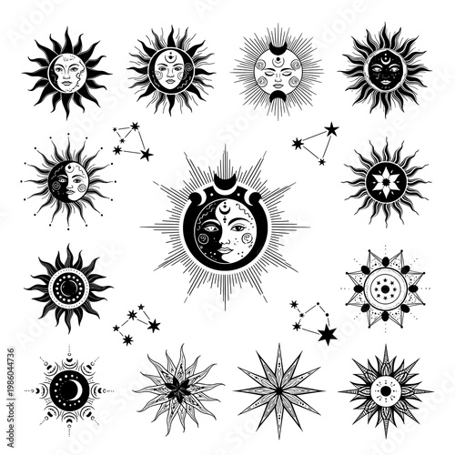 Mystical Black and White Celestial Sun and Moon Astrological Symbols Collection