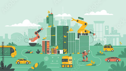 Robotic arms are constructing green city buildings with autonomous vehicles and humanoid robot workers