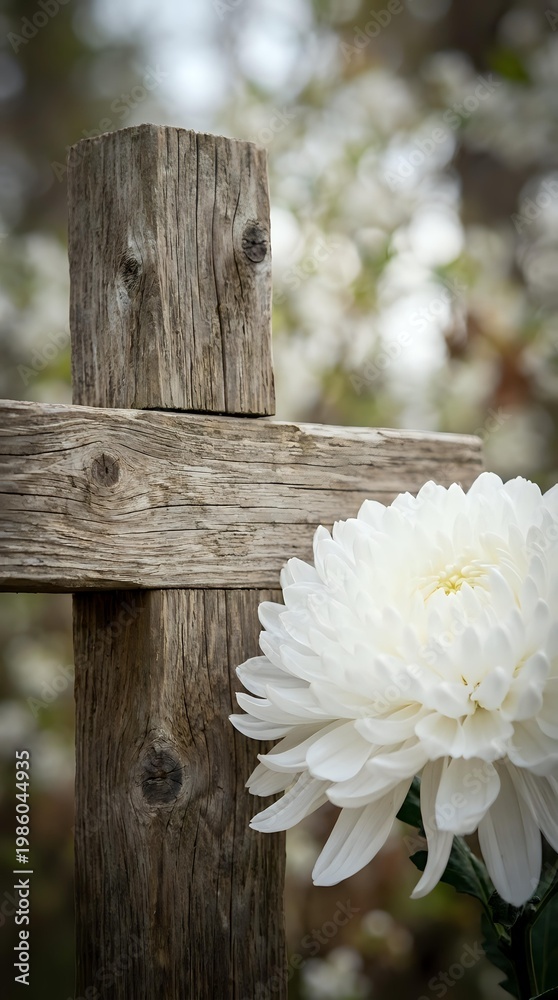 Fototapeta premium White chrysanthemum flower blooming beside weathered wooden fence post in peaceful garden setting with soft natural bokeh background for memorial concepts.