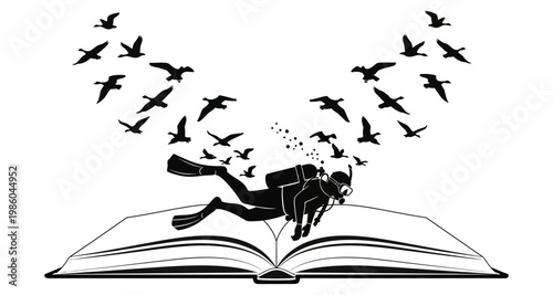 Scuba diver emerging from open book with flock of birds during sunrise silhouette