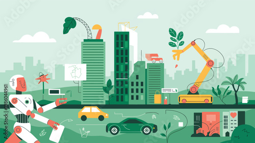 Robot interacting with a futuristic green city, featuring automated machinery and urban architecture