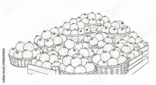 Abundant pile of pomegranates displayed in woven baskets and wooden crates