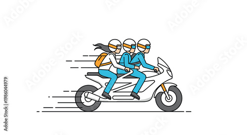 Illustration of three people wearing helmets riding together on a white motorcycle at high speed, suggesting speed and teamwork.