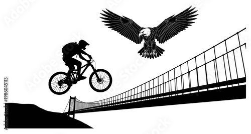 Mountain biker jumps over bridge with eagle flying during sunset silhouette