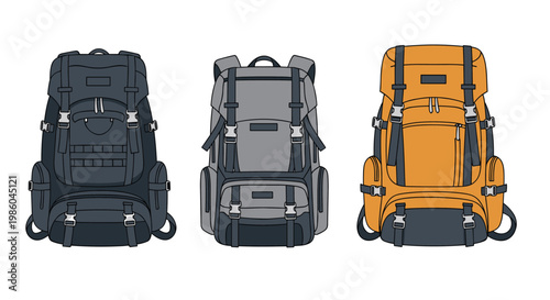 Set of three professional hiking backpacks in black, grey, and orange, designed for outdoor trekking, camping, and mountain travel.