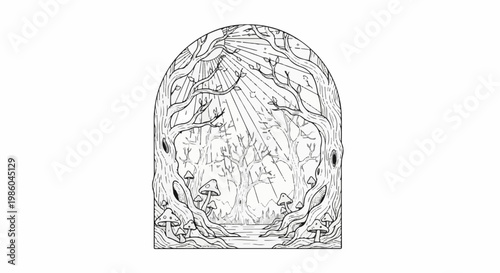 Arched woodland scene with sunbeams, trees, mushrooms, and water