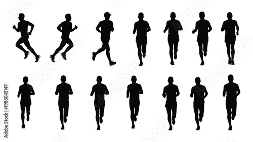 Silhouettes of people running depicted in various poses and orientations against a white background high quality
