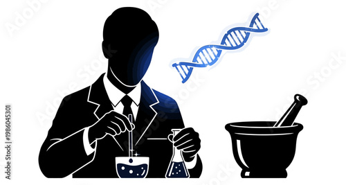 Scientist in silhouette mixing chemicals with DNA helix and mortar pestle