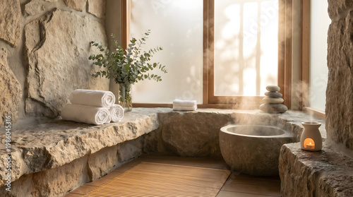 Tranquil Spa Room with Natural Stone, Soft Light, and Gentle Steam