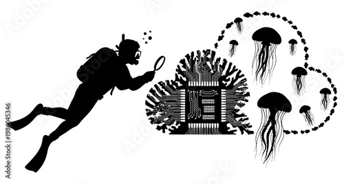 Scuba diver exploring a digital cloud with jellyfish and microchip silhouette