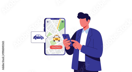 A man in a blue suit uses a smartphone to confirm a taxi ride on a map application