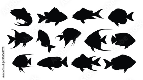 A collection of black silhouettes depicting various fish species in different poses and orientations high quality